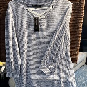 Tint & Shadow Gray and White Striped Top with Lace-Up Neckline